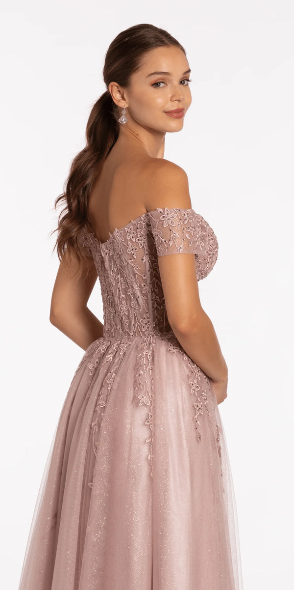 rose/size/4/missy/Camille La Vie/Off the Shoulder Embroidered Tulle Ballgown / black close up