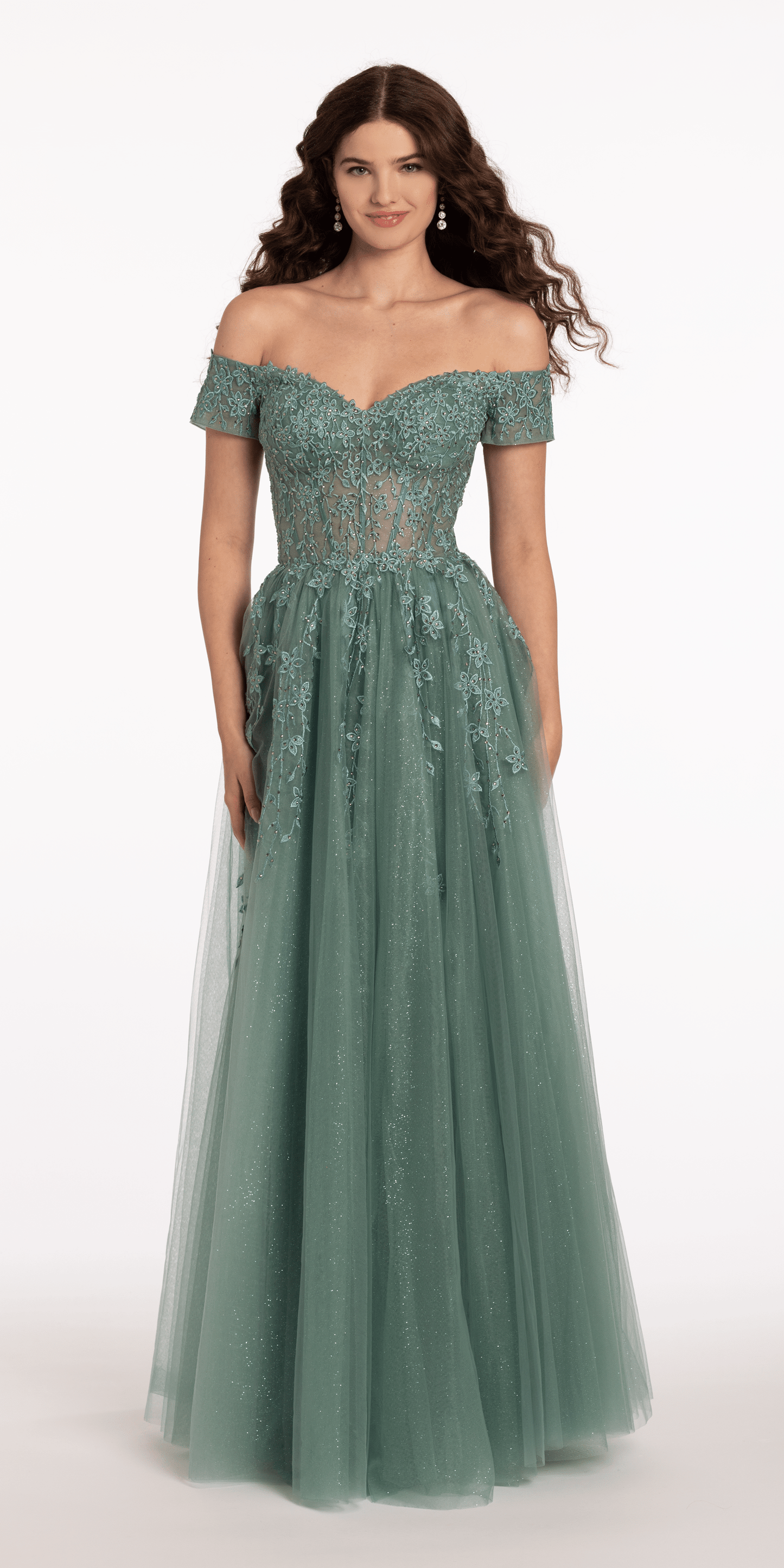 Camille La Vie Off the Shoulder Embroidered Tulle Ballgown missy / 2 / sage