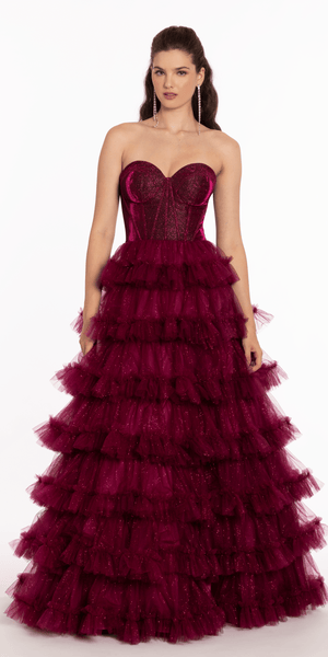 Glitter Mesh Sweetheart Corset Tiered Ballgown Image 5