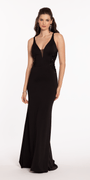 Embellished Plunging Crepe Trumpet Dress with Train Detail Image 1