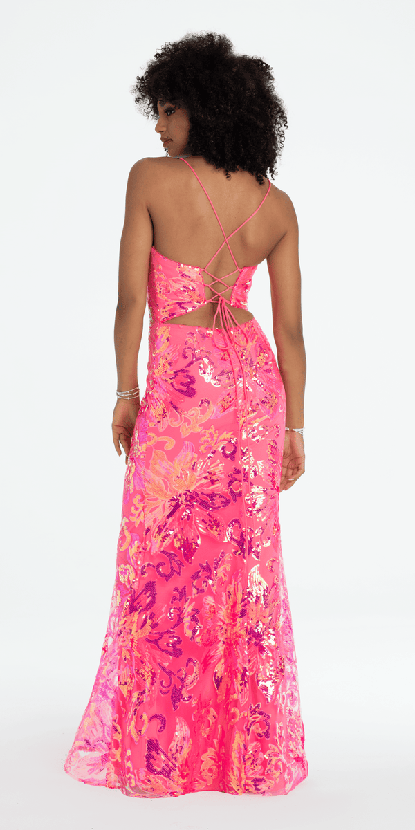 pink/size/4/missy/Camille La Vie/Strappy Lace Up Back Trumpet Dress with Sequin Floral Motif/back