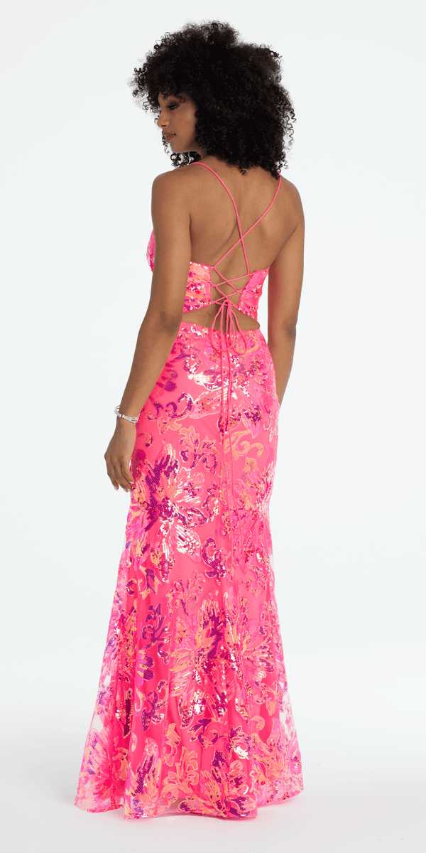 pink/size/4/missy/Camille La Vie/Strappy Lace Up Back Trumpet Dress with Sequin Floral Motif/alt