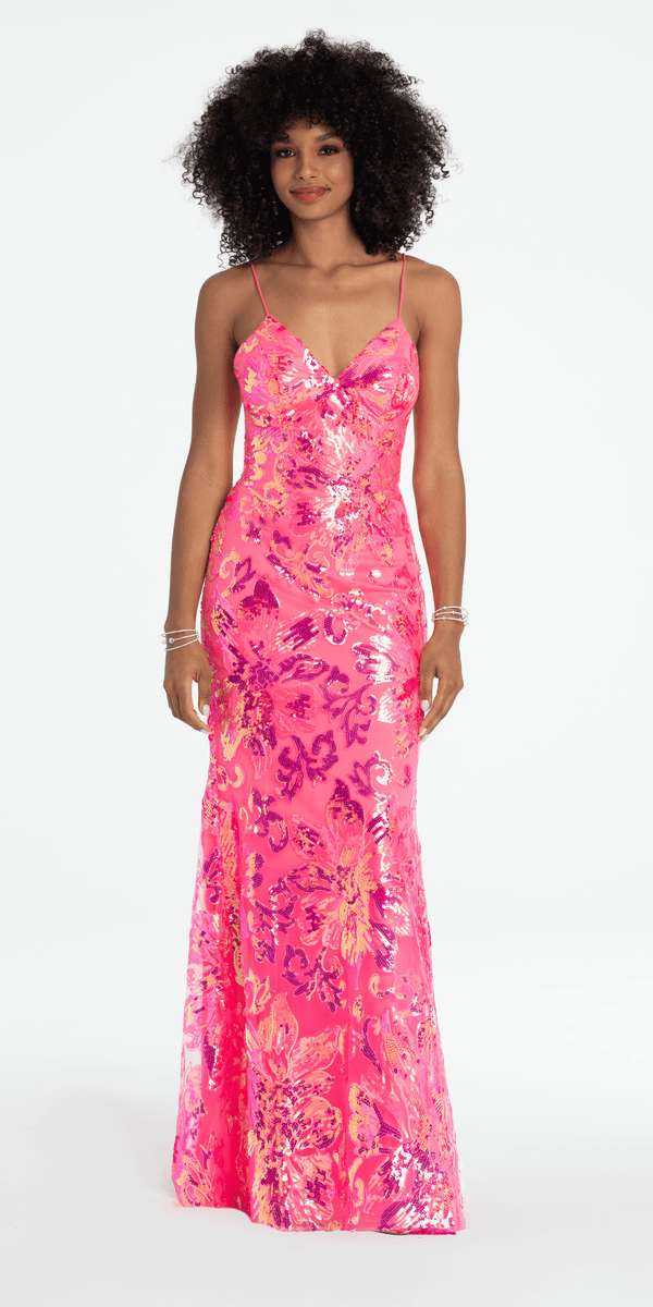 pink/size/4/missy/Camille La Vie/Strappy Lace Up Back Trumpet Dress with Sequin Floral Motif/front