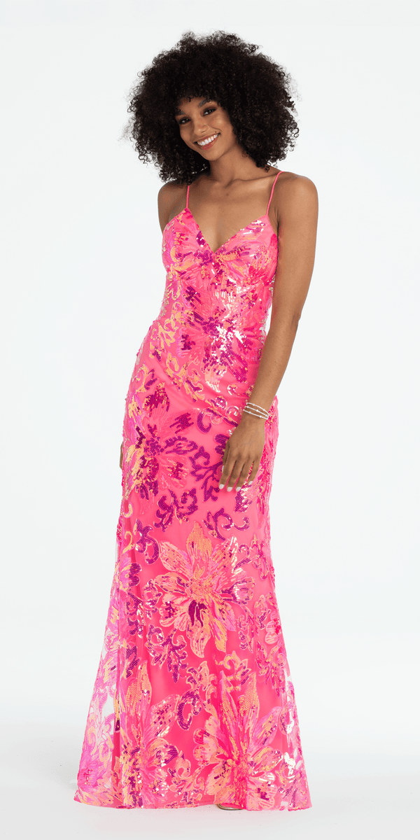 pink/size/4/missy/Camille La Vie/Strappy Lace Up Back Trumpet Dress with Sequin Floral Motif/front alt