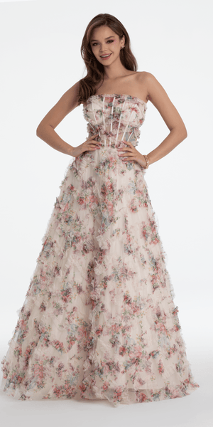 Strapless Ruffle Floral Print Ballgown Image 1