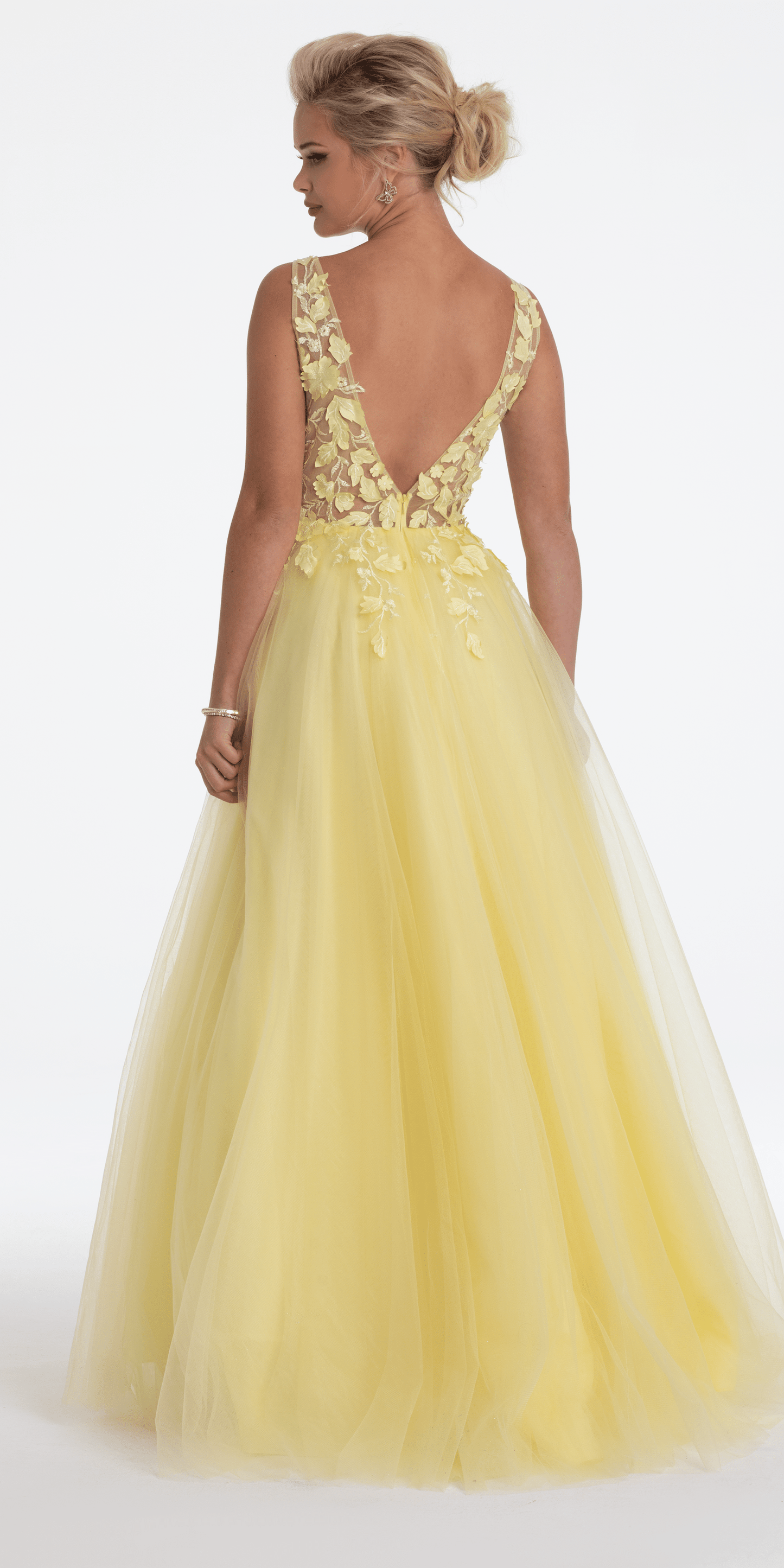 Camille La Vie Deep V Back 3 D Floral Tulle Ballgown