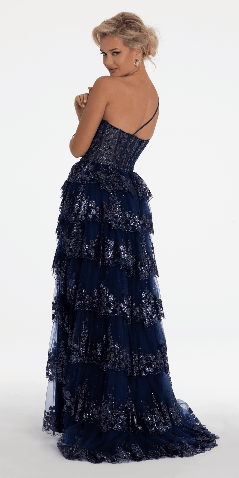 One Shoulder Glitter Corset Tiered Ballgown Image 4