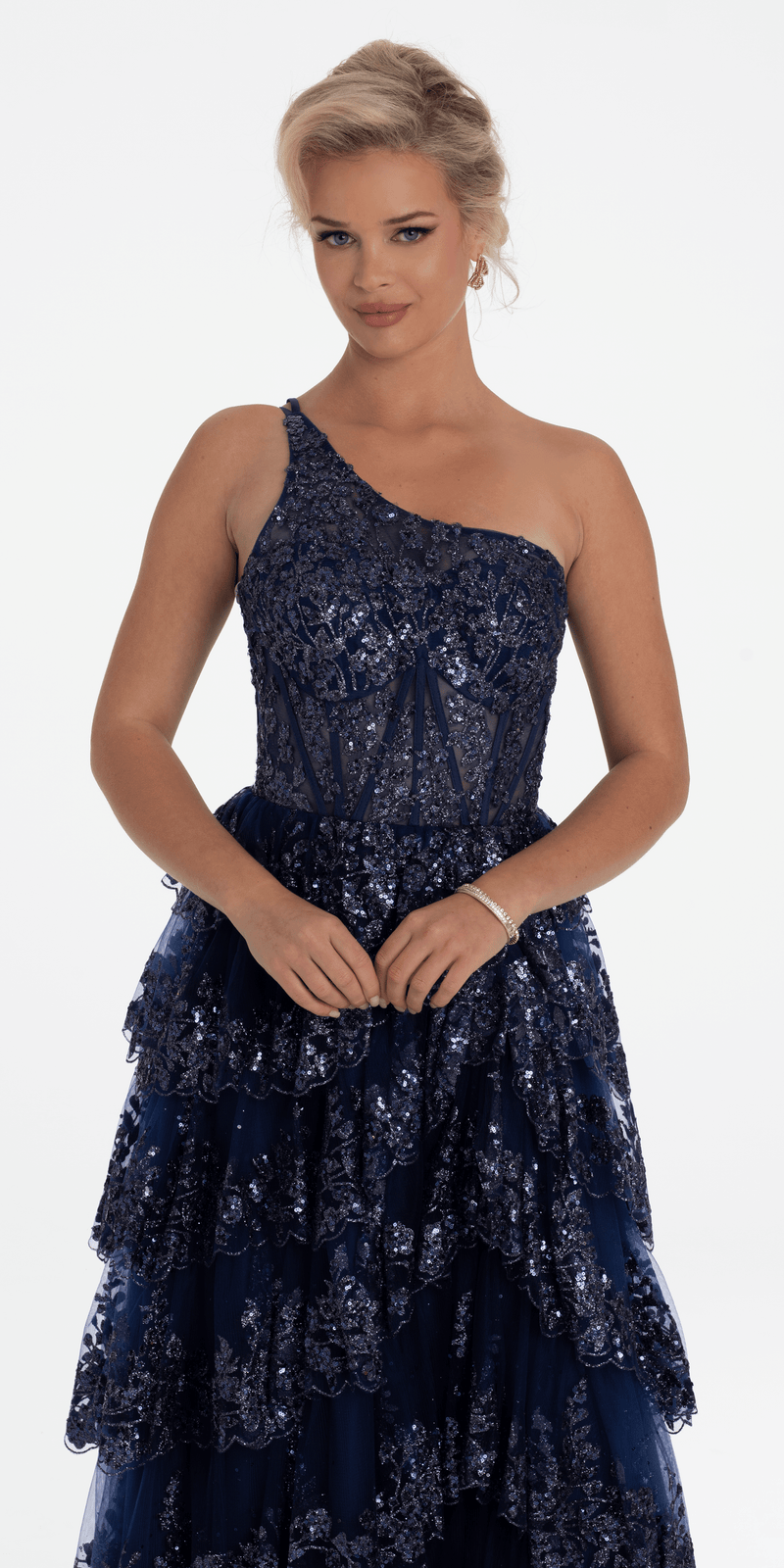 One Shoulder Glitter Corset Tiered Ballgown Image 2