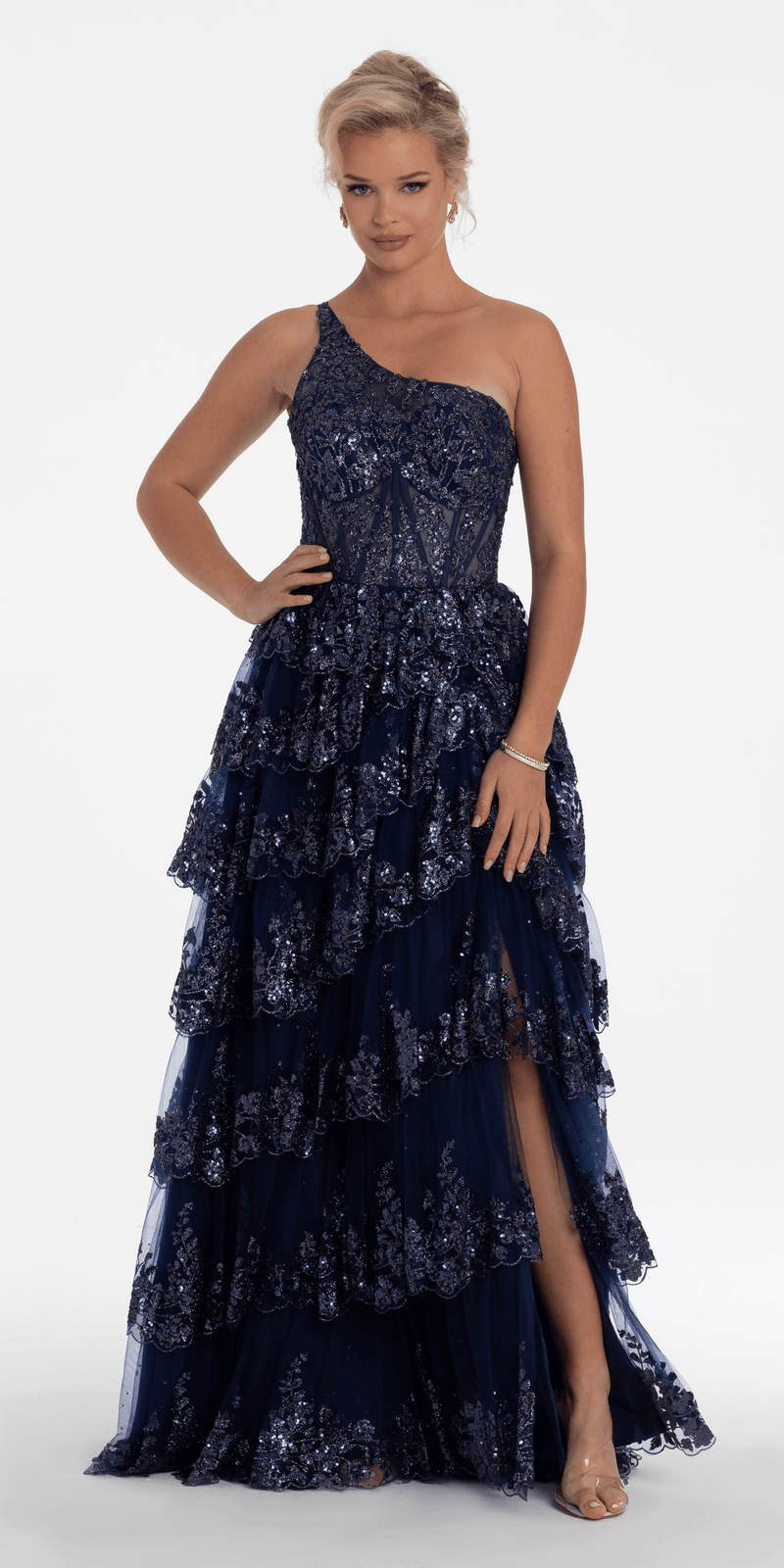 One Shoulder Glitter Corset Tiered Ballgown Image 1