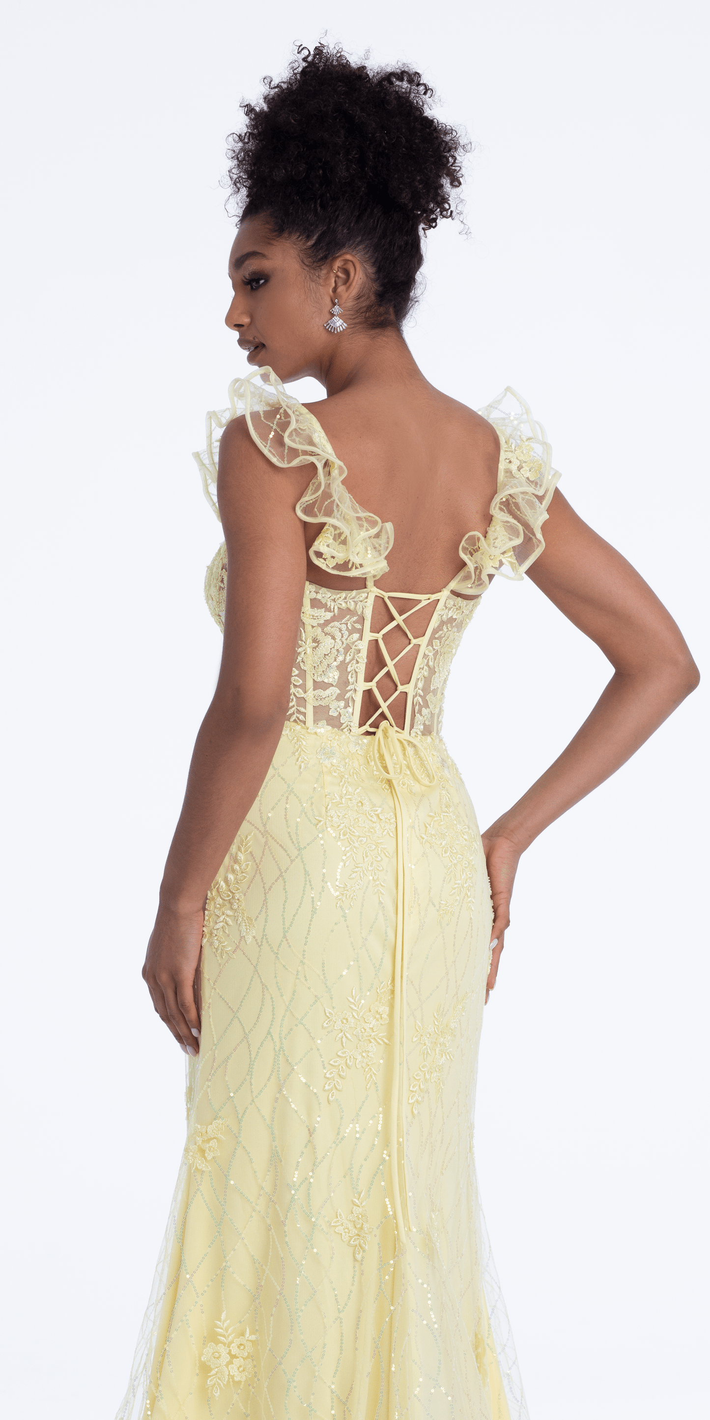 Camille La Vie Ruffle Shoulder Corset Column Dress with Sequins