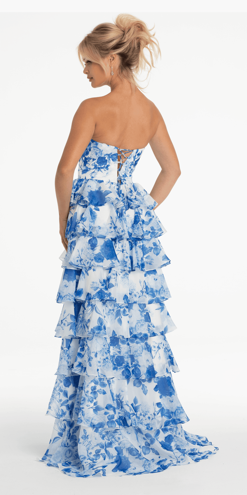 Strapless Floral Chiffon Tiered Ballgown with Side Slit Image 7