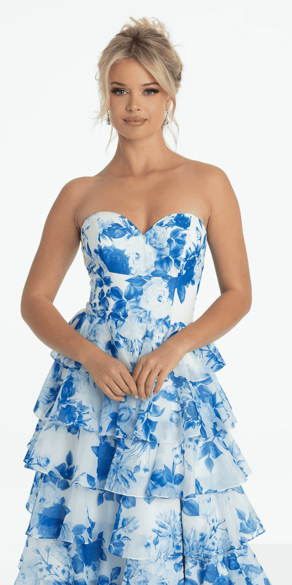 Collective Dress - Strapless Floral Chiffon Tiered Ballgown with Side Slit image 5