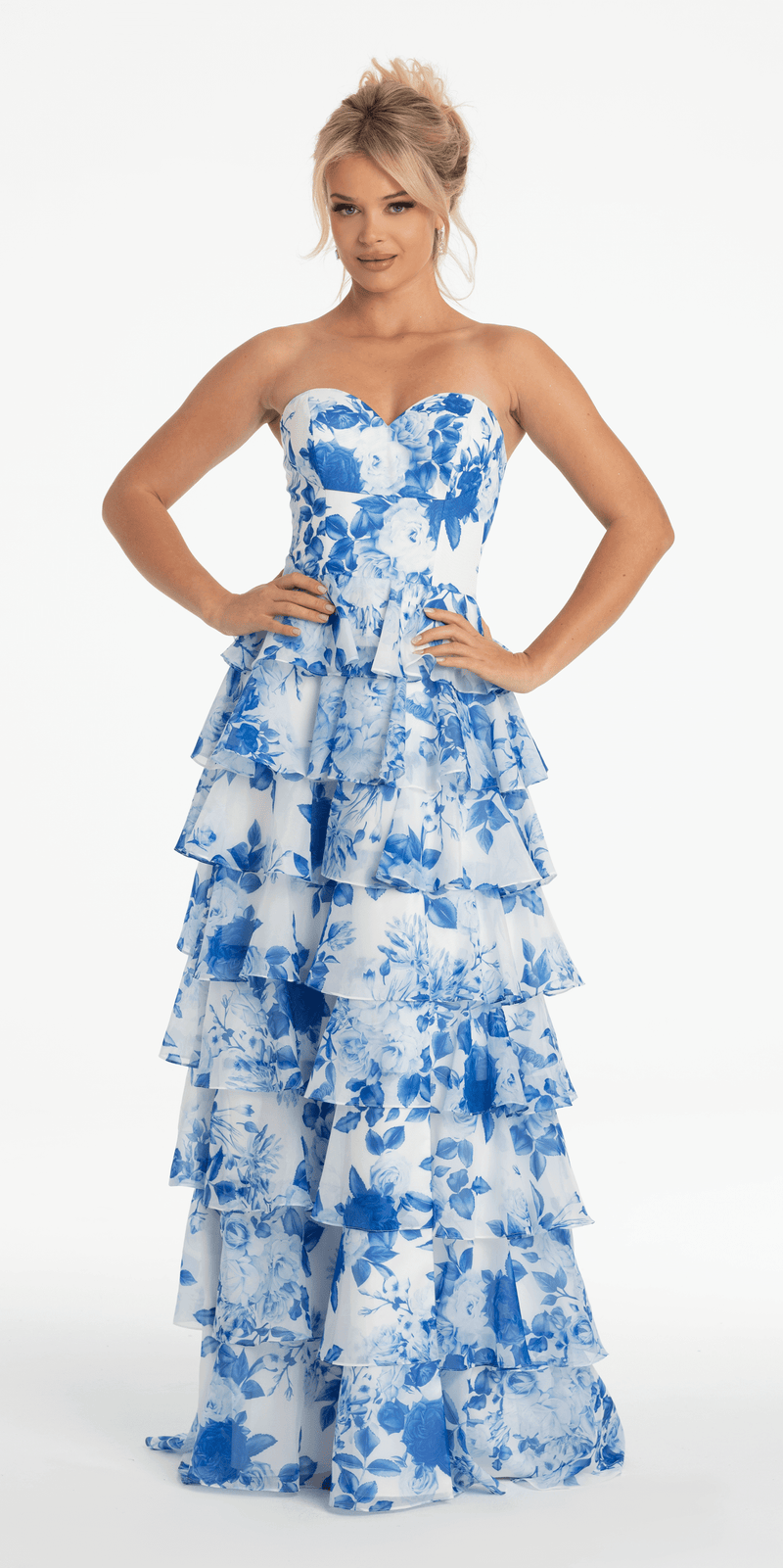 Strapless Floral Chiffon Tiered Ballgown with Side Slit Image 3