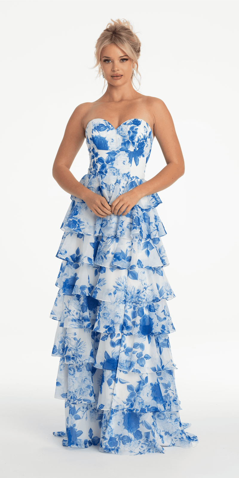 Strapless Floral Chiffon Tiered Ballgown with Side Slit Image 6