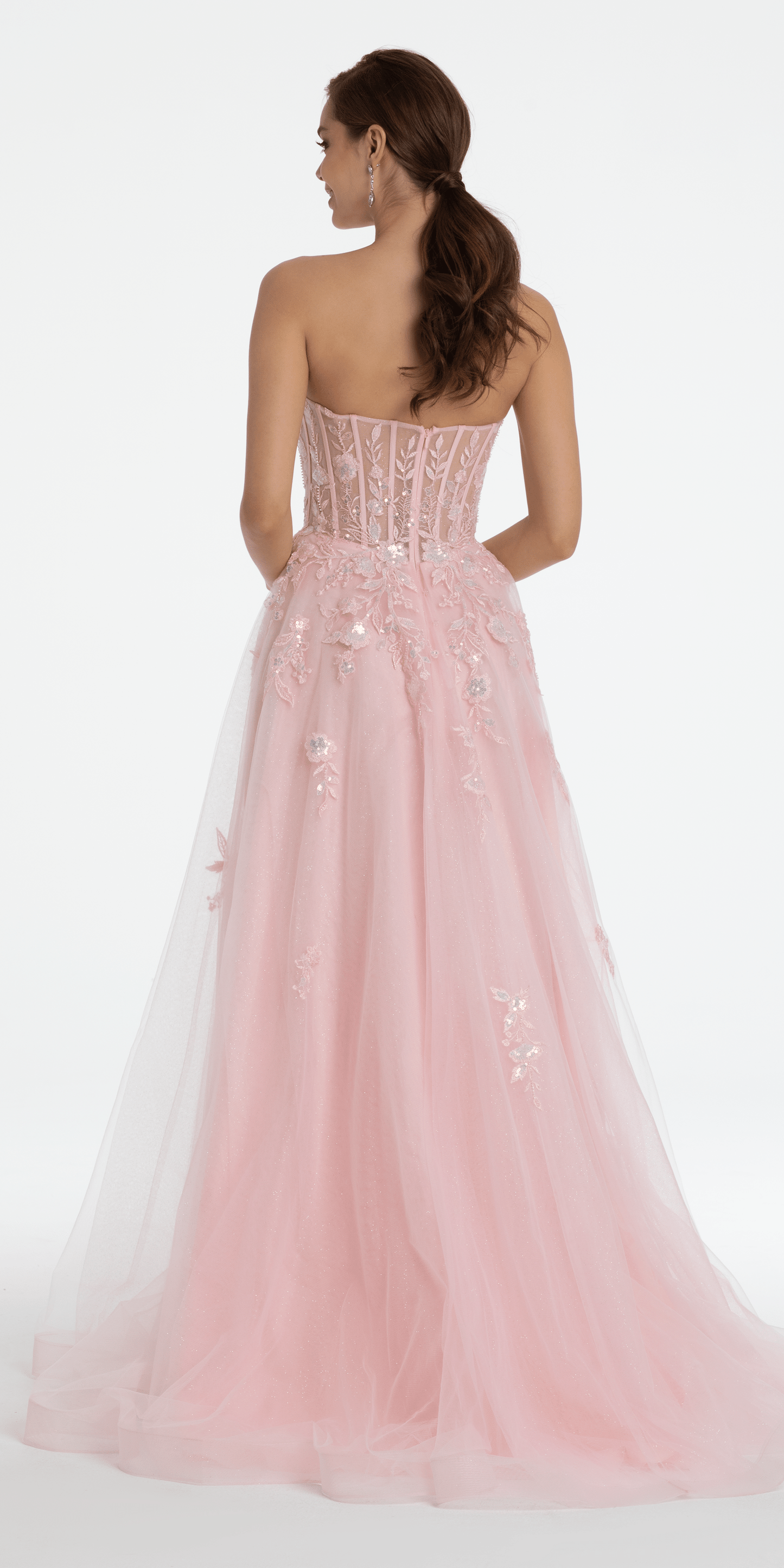 Camille La Vie Sequin Applique Corset Plunge Tulle Ballgown