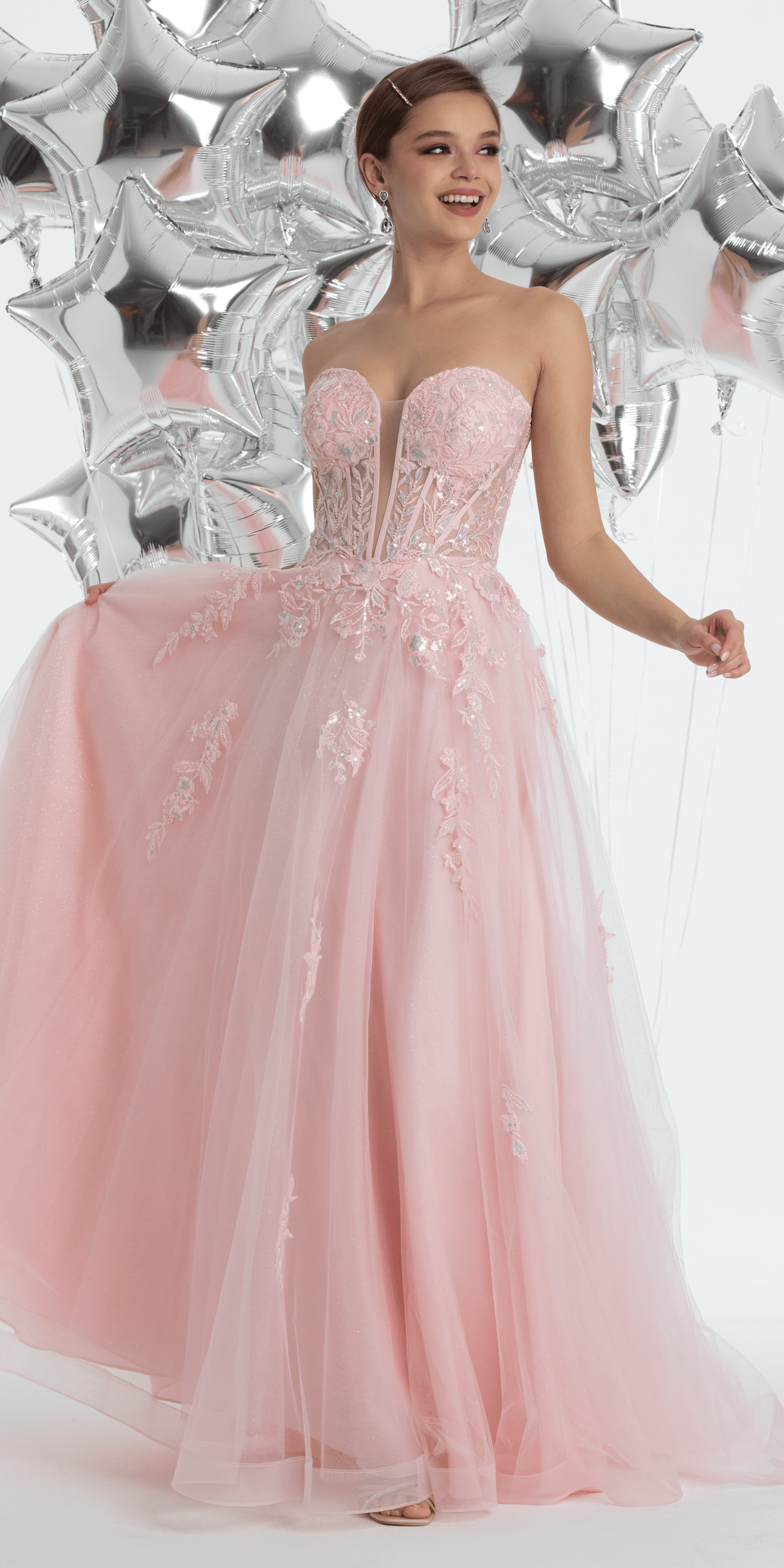 Camille La Vie Sequin Applique Corset Plunge Tulle Ballgown