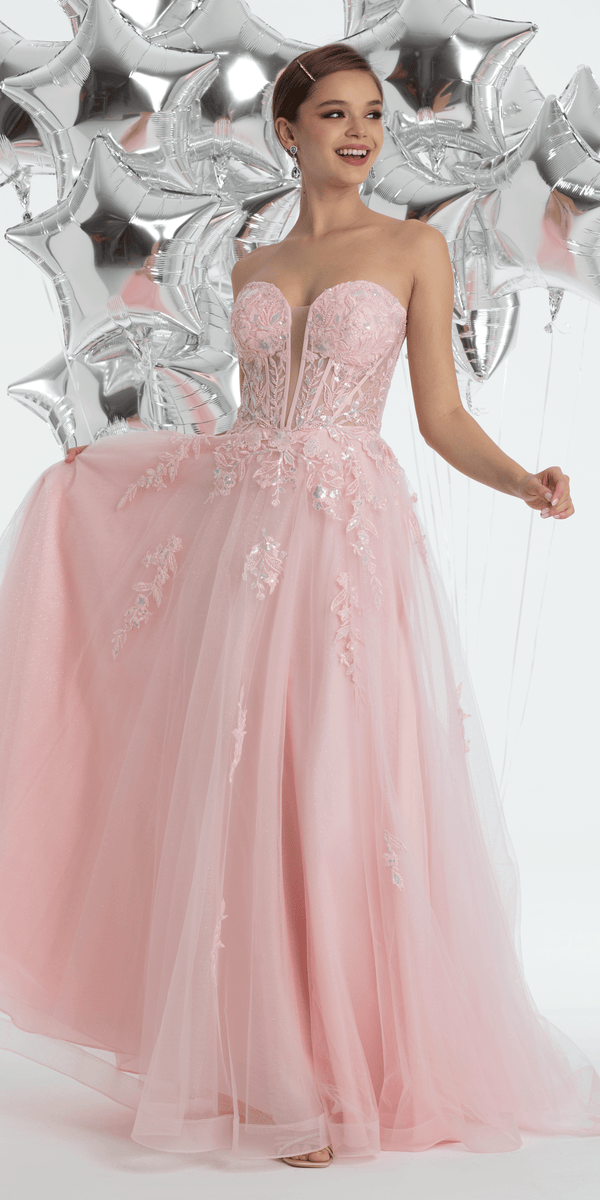 Sequin Applique Corset Plunge Tulle Ballgown - Camille La Vie