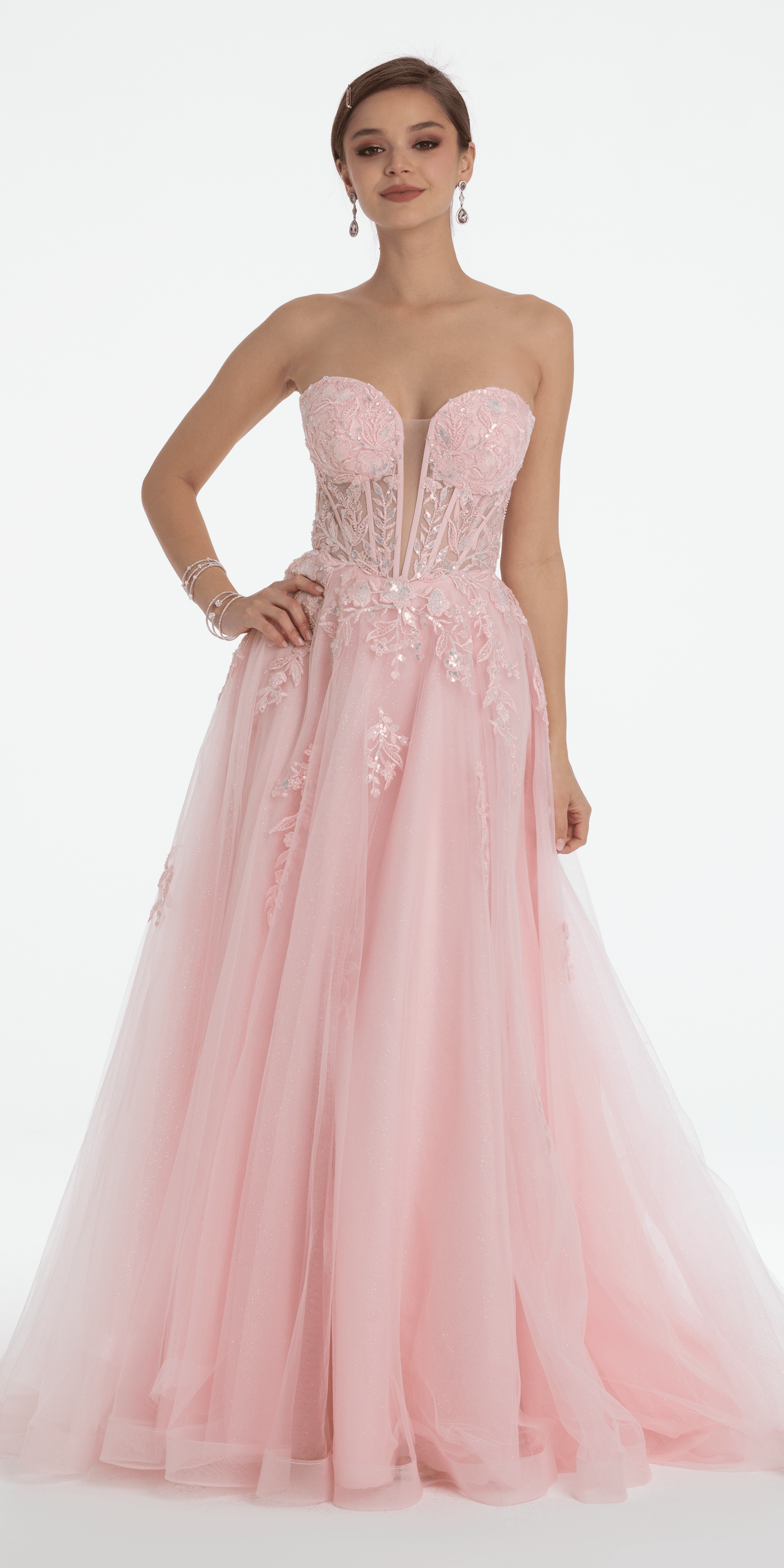 Camille La Vie Sequin Applique Corset Plunge Tulle Ballgown