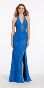 Beaded Stretch Lace Halter Corset Column Dress Image 1