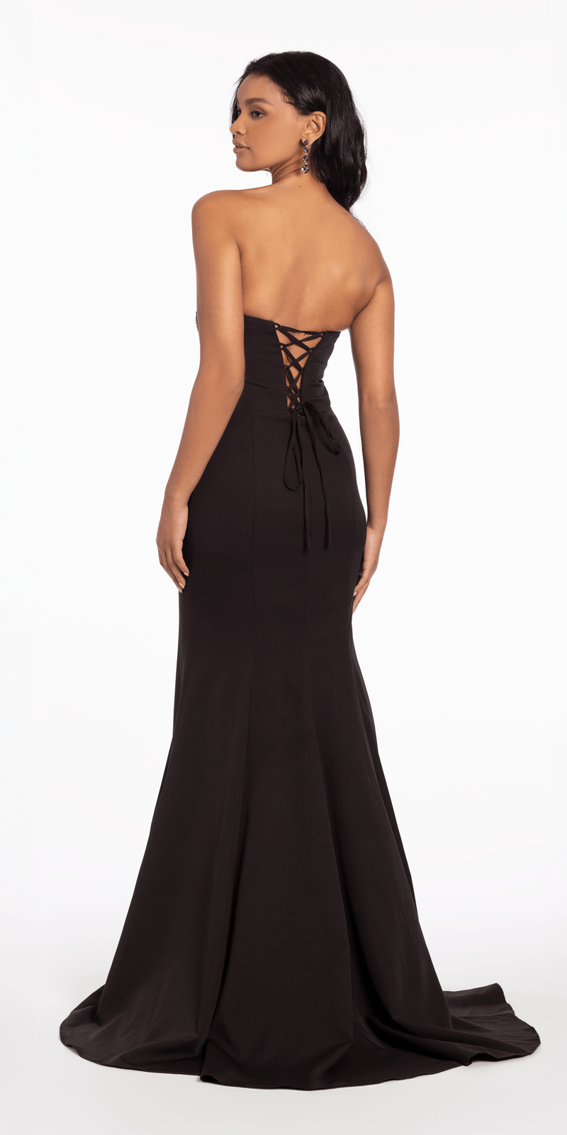 Lace Up Back Strapless Scuba Trumpet Dress with Rhinestone Detail Image 4
