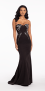 Lace Up Back Strapless Scuba Trumpet Dress with Rhinestone Detail Image 3