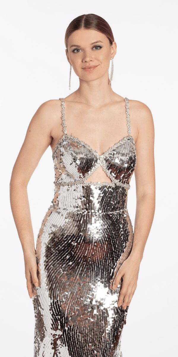 silver/size/4/missy/Camille La Vie/Rhinestone Sweetheart Keyhole Column Dress with Paillettes/close up