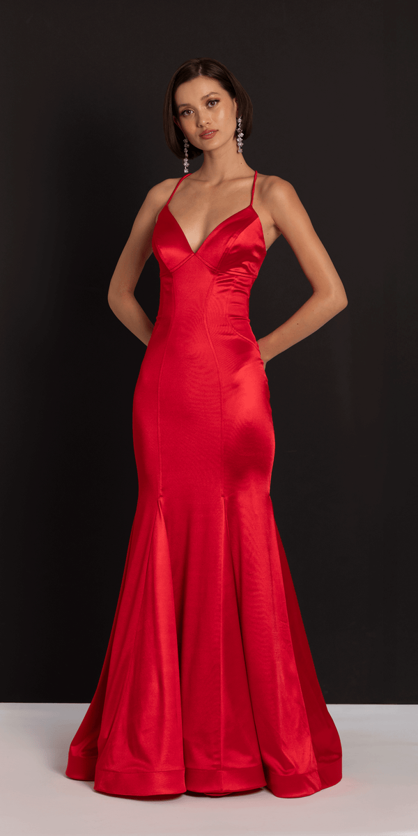 red/size/4/missy/Camille La Vie/Strappy Back Satin Trumpet Dress with Godets /front alt