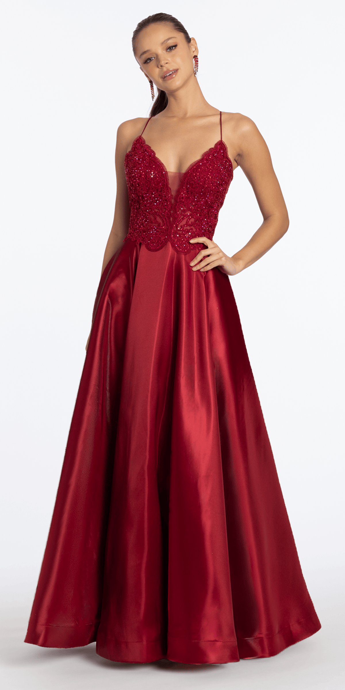 Embroidered Lace Plunge Satin Corset Ballgown with Pockets
