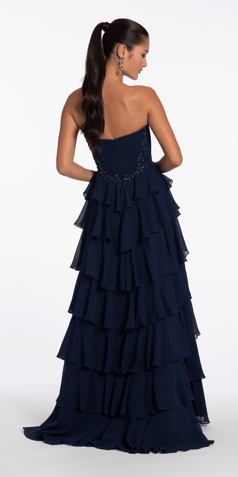 Camille La Vie Strapless Beaded Chiffon Corset Tiered Ballgown