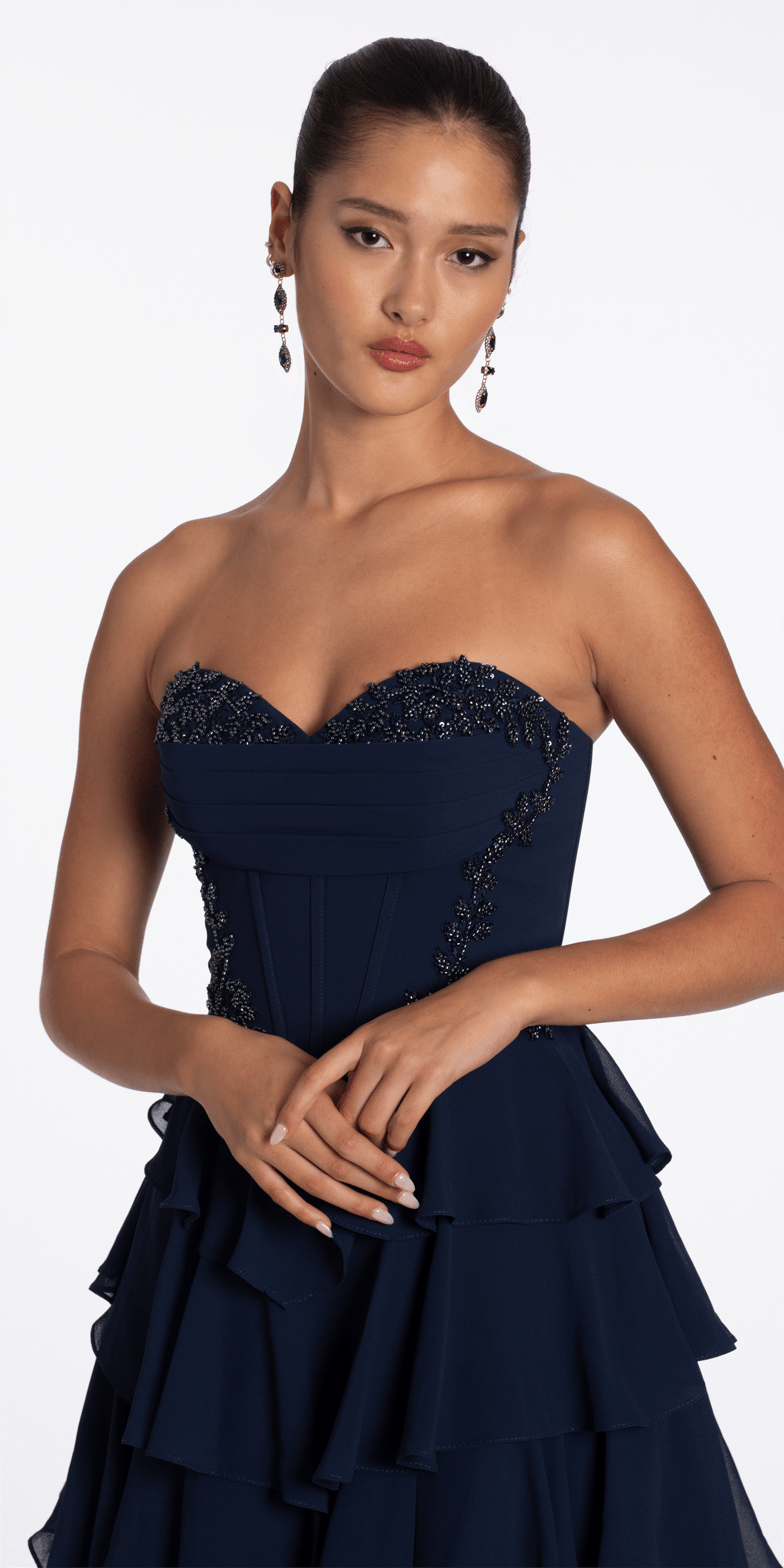 Camille La Vie Strapless Beaded Chiffon Corset Tiered Ballgown