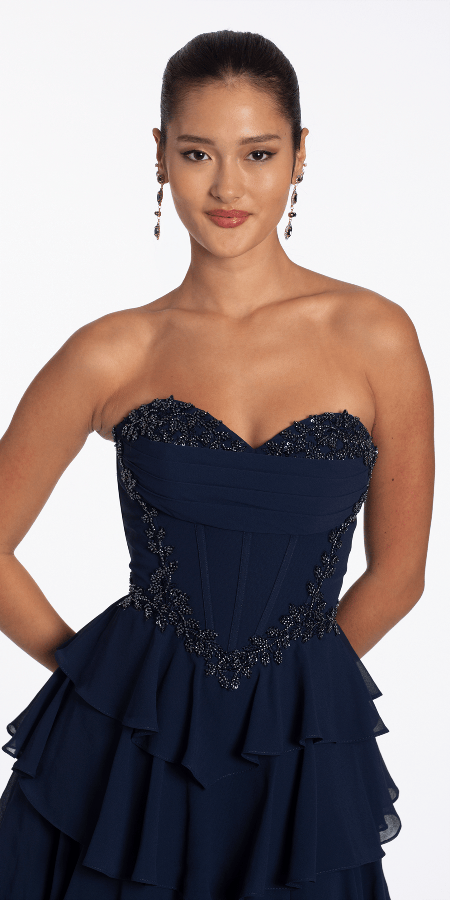 Camille La Vie Strapless Beaded Chiffon Corset Tiered Ballgown