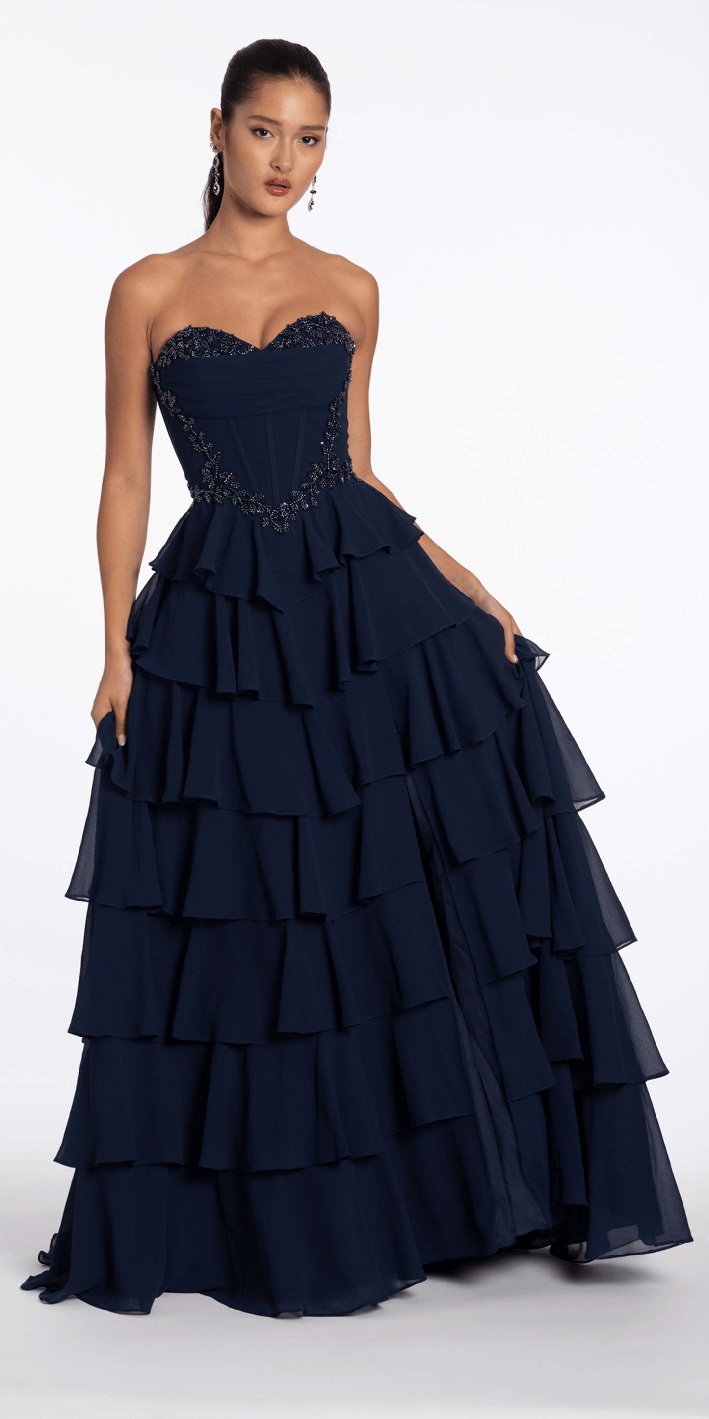 Camille La Vie Strapless Beaded Chiffon Corset Tiered Ballgown
