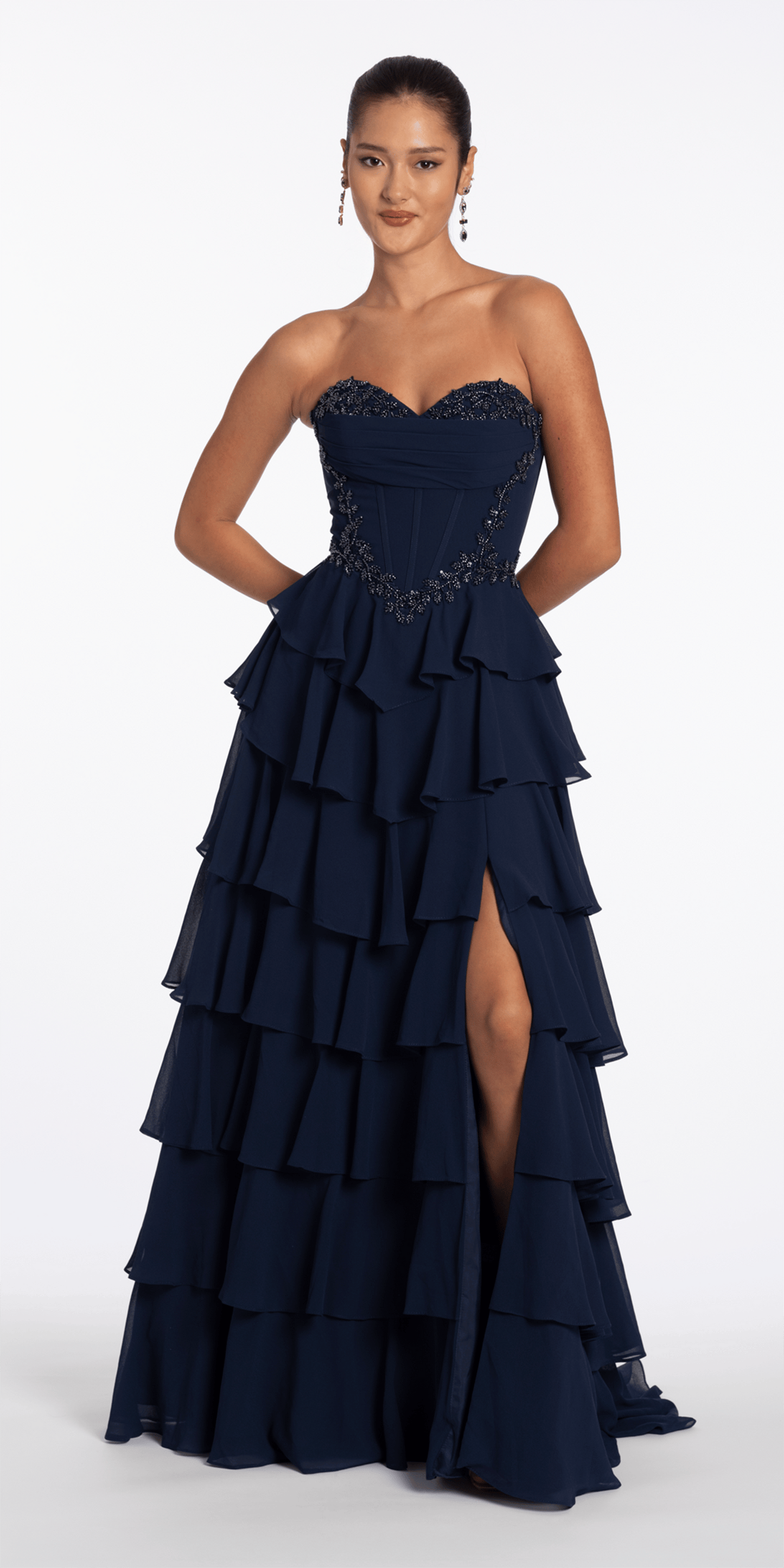 Camille La Vie Strapless Beaded Chiffon Corset Tiered Ballgown missy / 2 / navy