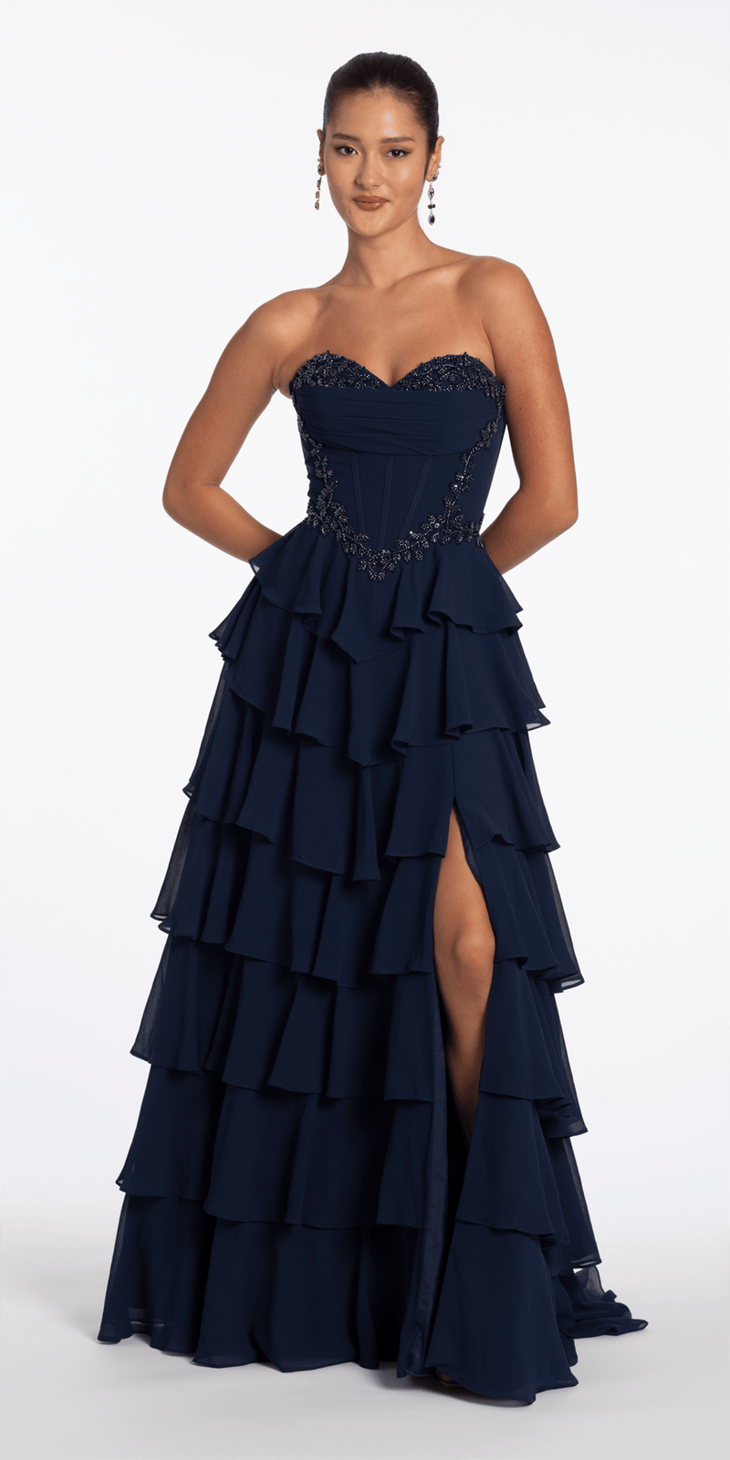 Camille La Vie Strapless Beaded Chiffon Corset Tiered Ballgown missy / 2 / navy