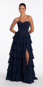 Camille La Vie Strapless Beaded Chiffon Corset Tiered Ballgown missy / 2 / navy