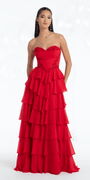red/size/4/missy/Camille La Vie/Strapless Beaded Chiffon Corset Tiered Ballgown/front