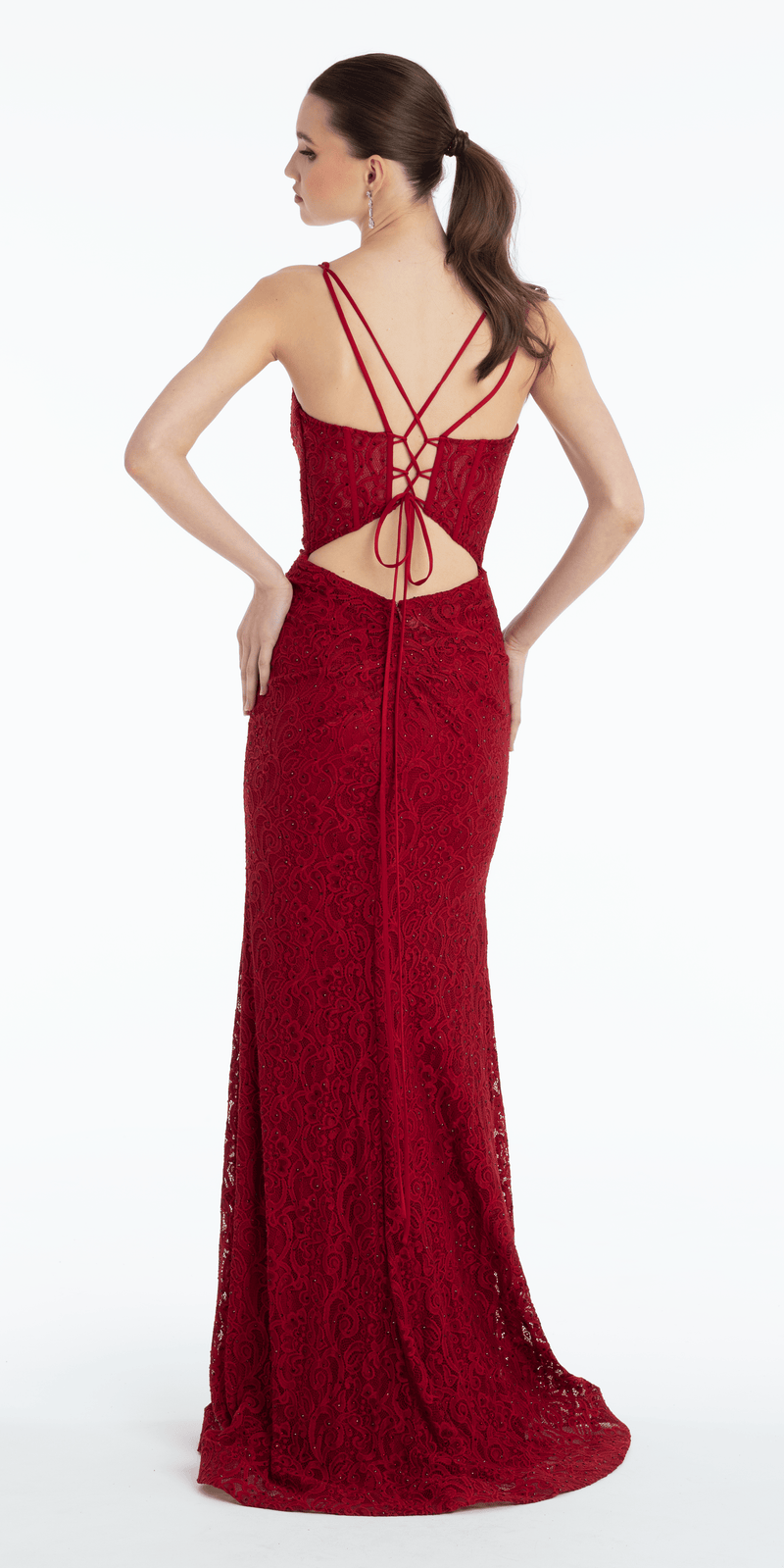 Sweetheart Lace Strappy Back Column Dress with Heat Set Stones Missy / 6 / Wine