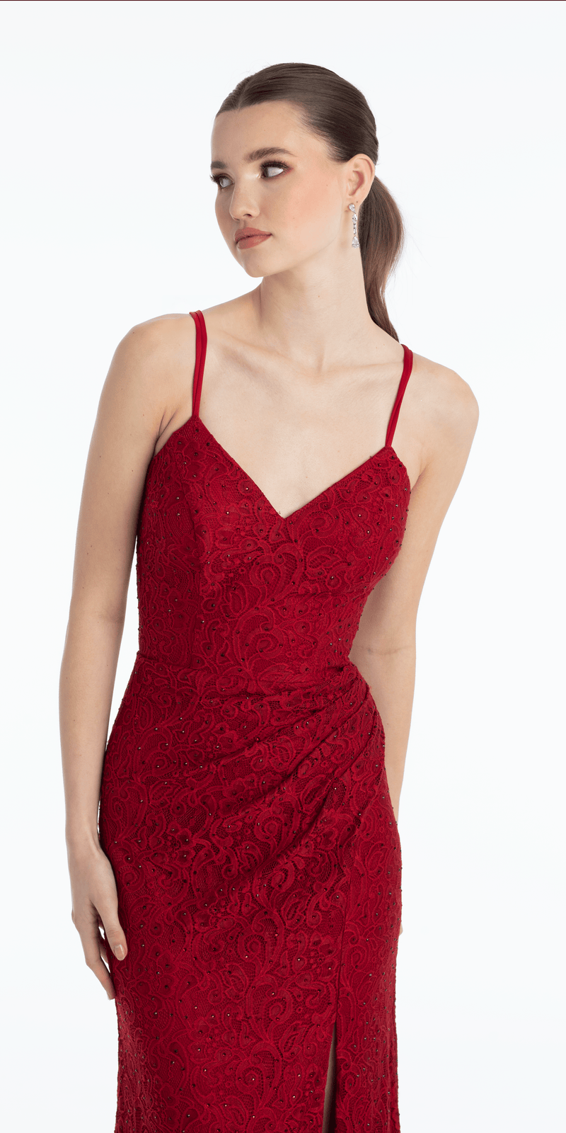chinese dress ladies Sweetheart Lace Strappy Back Column Dress with Heat Set Stones Missy / 6 / Wine main image 1