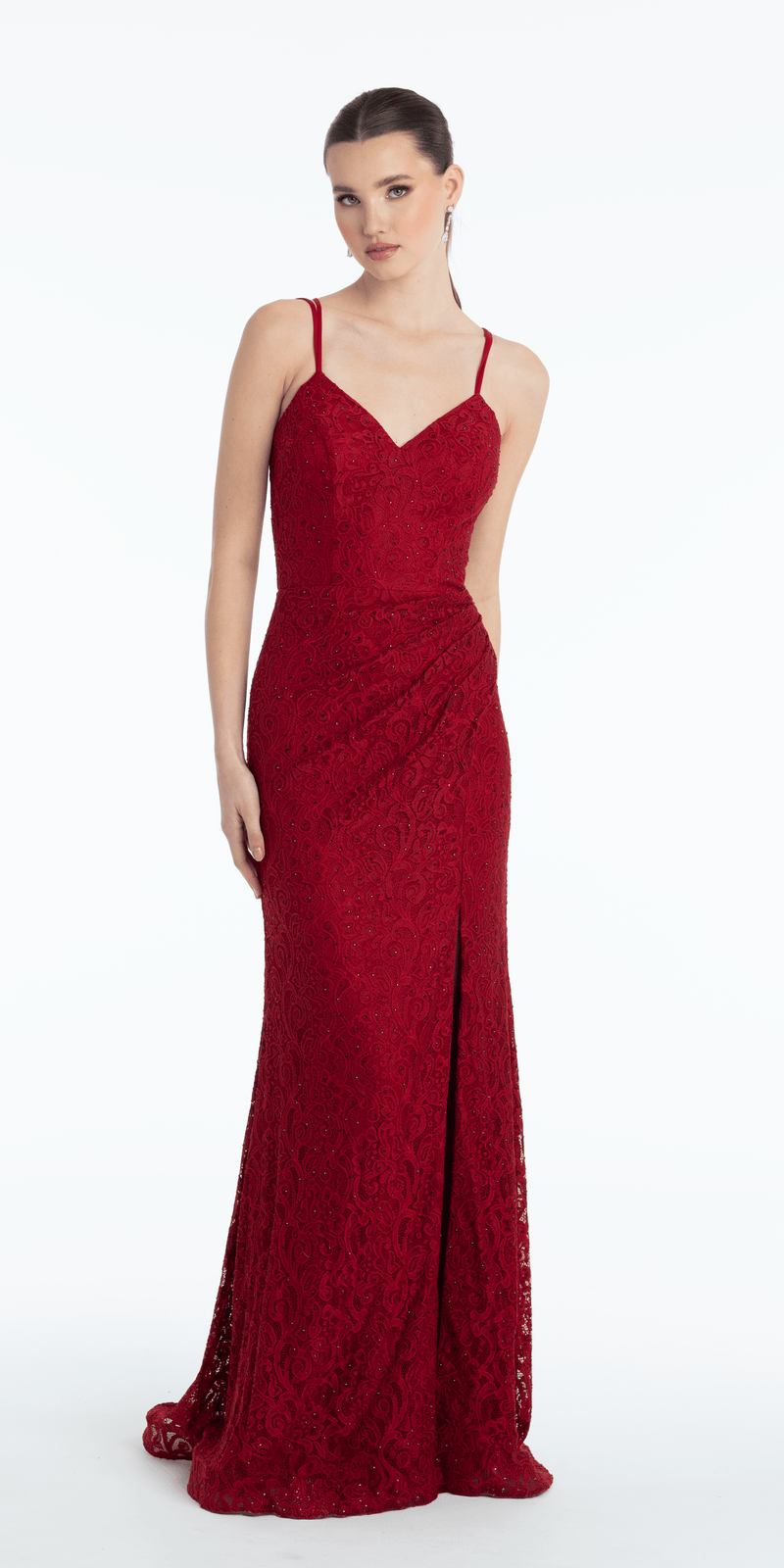 Sweetheart Lace Strappy Back Column Dress with Heat Set Stones petite / 12 / wine