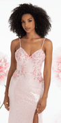 pink/size/4/Camille La Vie/Mesh Burst of Floral Sweetheart Sequin Column Dress/close up
