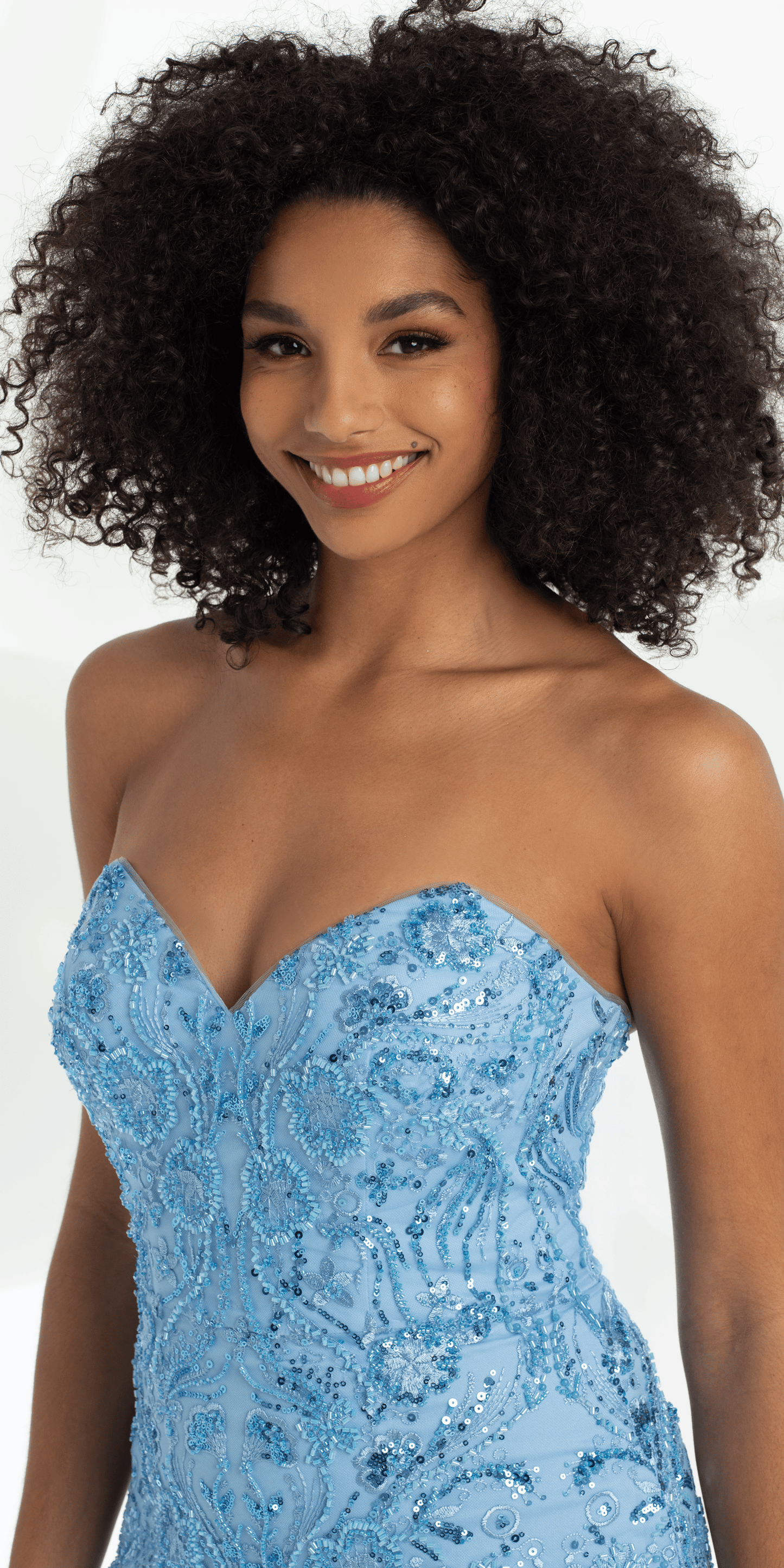 light-blue/size/0/missy/Camille La Vie/ Strapless Beaded Mermaid Dress with Mesh Ruffle Godets/close up