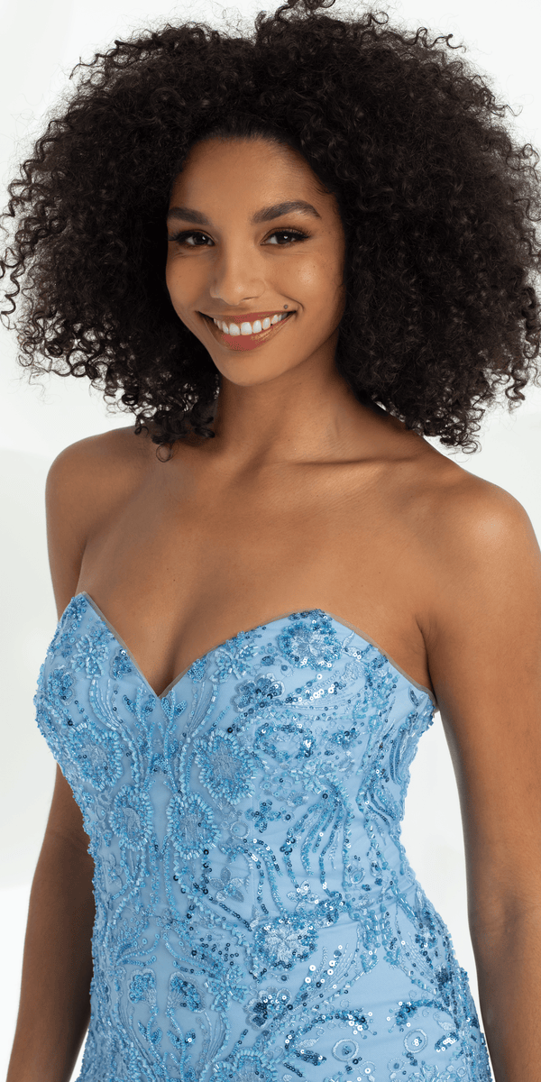 light-blue/size/4/missy/Camille La Vie/Strapless Beaded Mermaid Dress with Mesh Ruffle Godets/close up