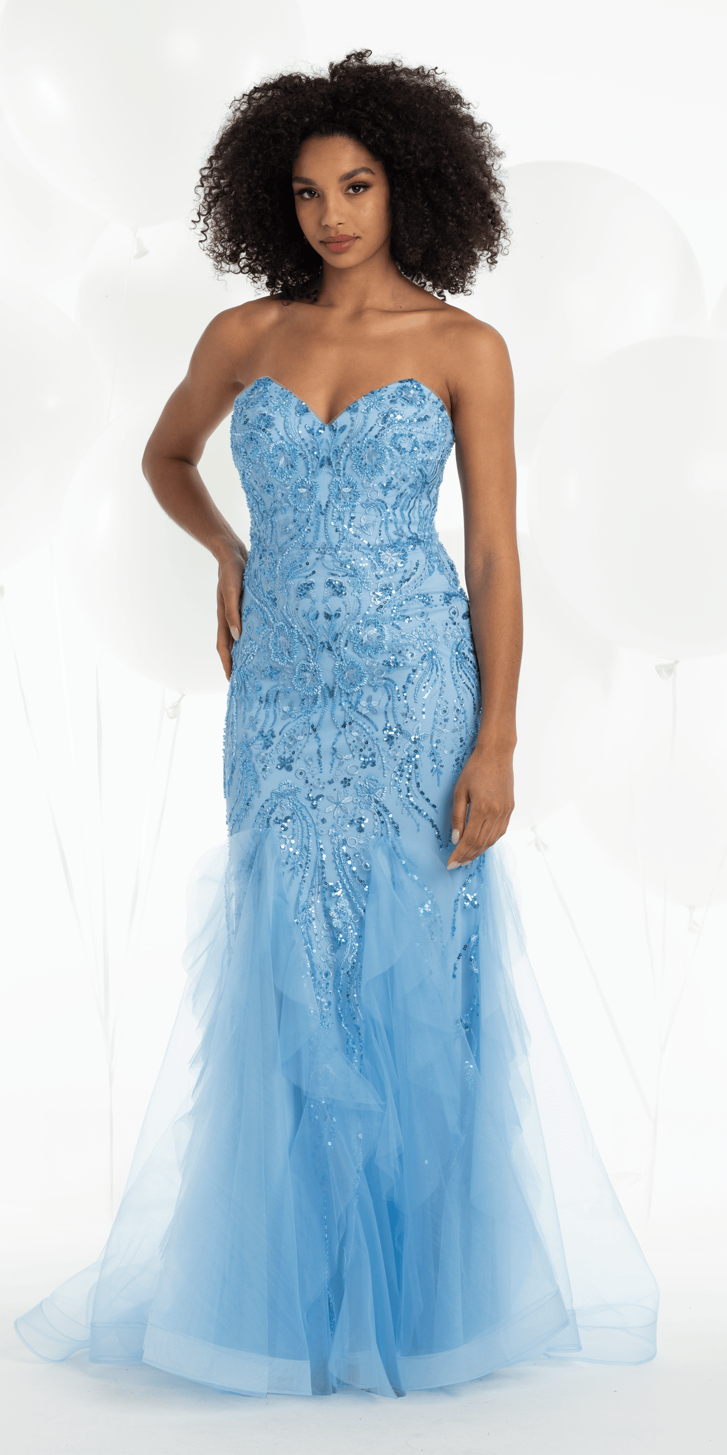 light-blue/size/0/missy/Camille La Vie/ Strapless Beaded Mermaid Dress with Mesh Ruffle Godets/front