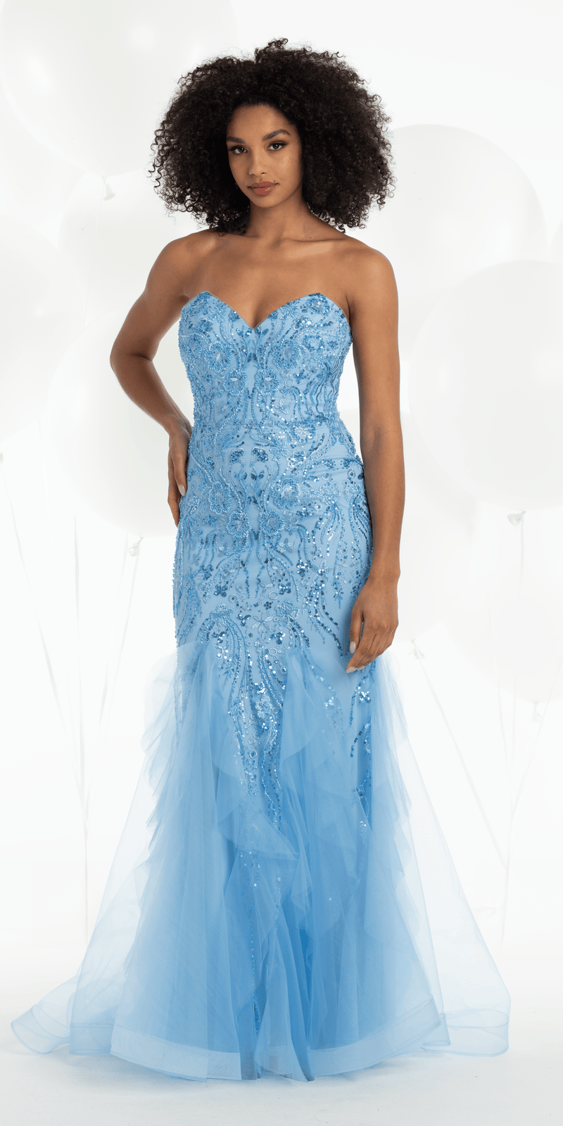 Strapless Beaded Mermaid Dress with Mesh Ruffle Godets – Camille La Vie Strapless Beaded Mermaid Dress with Mesh Ruffle Godets – Camille La Vie