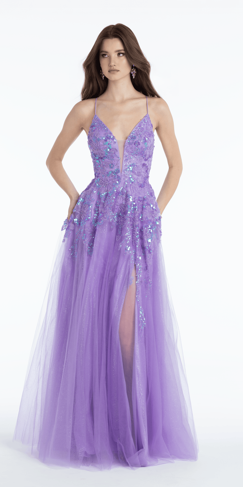 Sequin Embellished Glitter Plunge Ballgown with Side Slit Camille La Vie Sequin Embellished Glitter Plunge Ballgown with Side Slit Camille La Vie