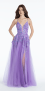 lilac/size/4/missy/Camille La Vie/Sequin Embellished Glitter Plunge Ballgown with Side Slit /front