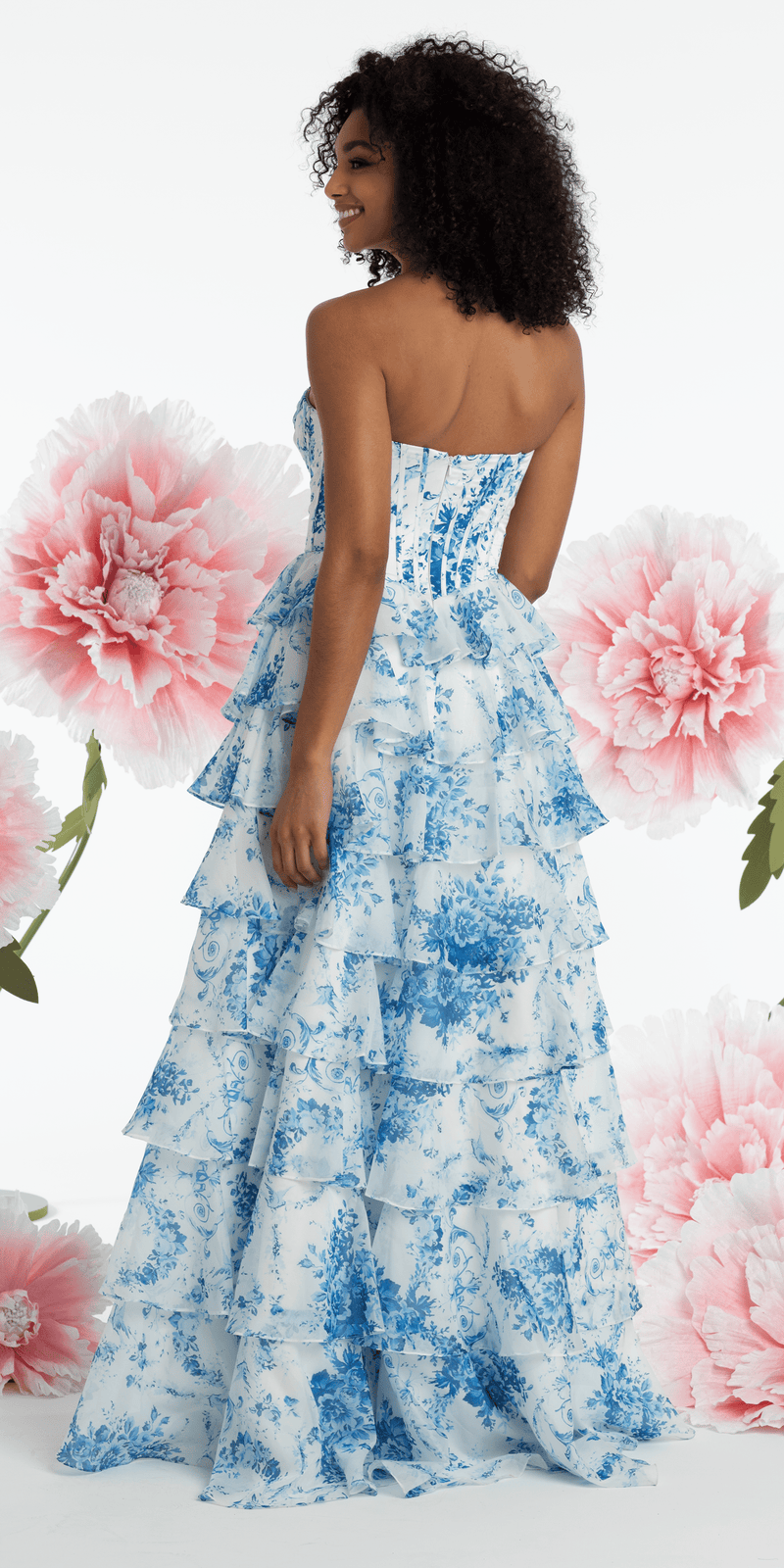 white/blue/size/4/missy/Camille La Vie /Chiffon Floral Print Corset Tiered Ballgown/back 1