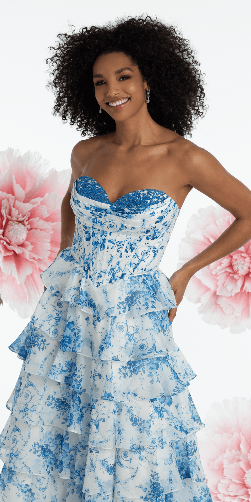 white/blue/size/4/missy/Camille La Vie /Chiffon Floral Print Corset Tiered Ballgown/close up 1