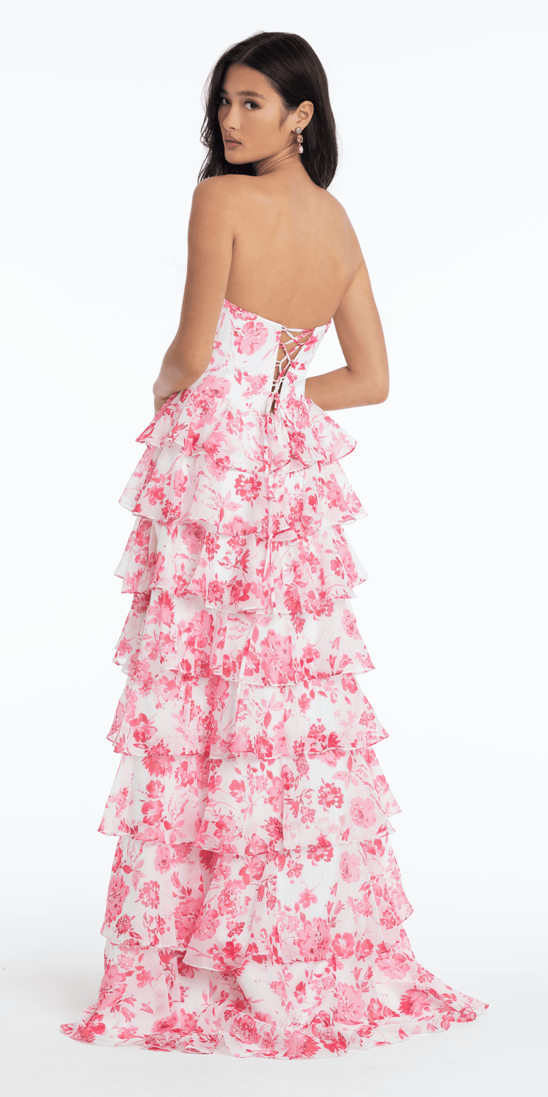 Camille La Vie Floral Print Strapless Chiffon Tiered A Line Dress