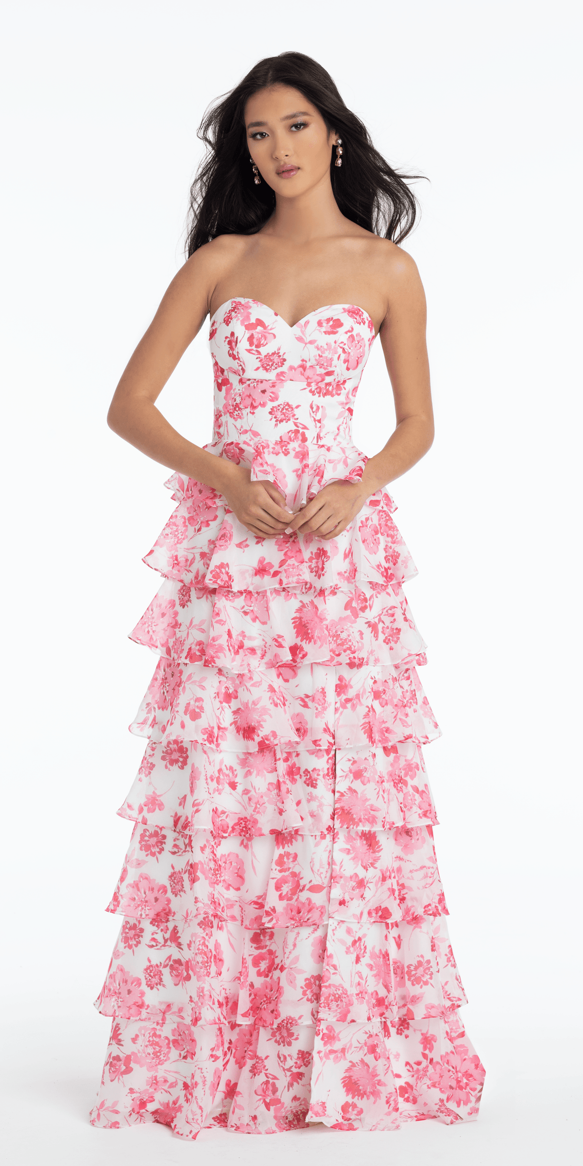 Floral Print Strapless Chiffon Tiered A Line Dress